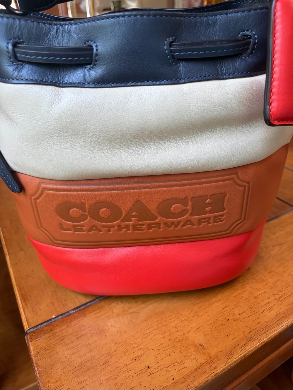 Rare Coach Color-block Leather Bucket Bag - Navy, Cream, Tan & Orange - Picture 3 of 7